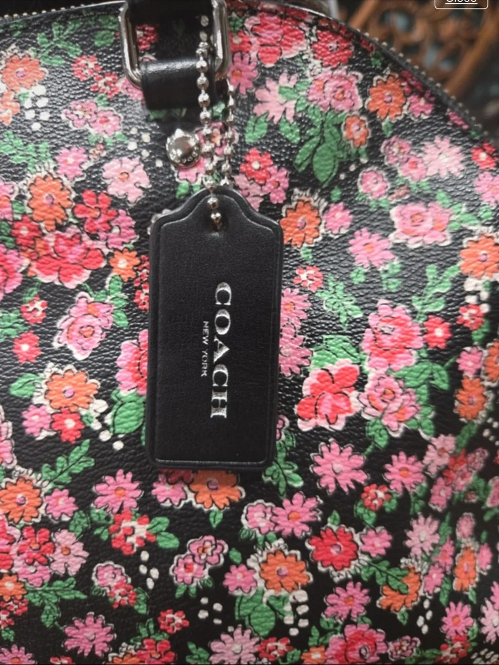 Coach Black Floral Dome Satchel with Pink & Green Flowers